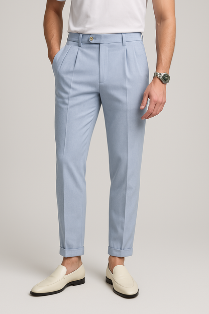 Men’s Straight-Leg Trousers – High Waist – Pleated Front – Textured Breathable Fabric