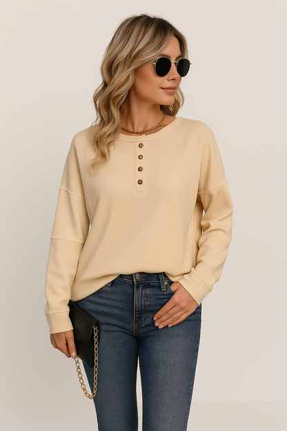 Women’s Knit Top – Relaxed Fit – Long Sleeve – Round Neck – Button Front Casual Wear