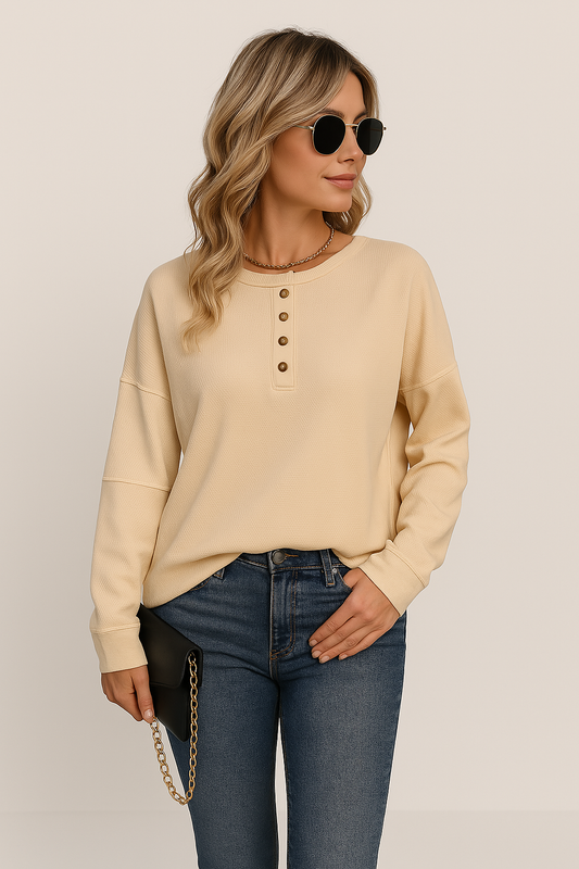 Women’s Knit Top – Relaxed Fit – Long Sleeve – Round Neck – Button Front Casual Wear