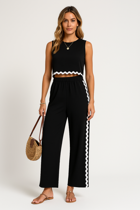 Women’s Two-Piece Set – Lightweight Cotton – Relaxed Fit – Contrast Trim – Sleeveless Top