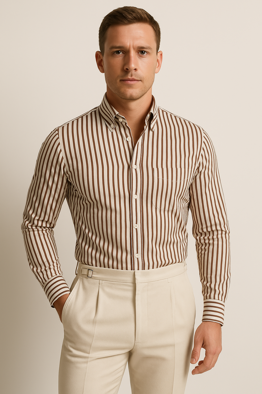 Men’s Long Sleeve Shirt – Tailored Fit – Cotton Blend – Button Down – Striped Formal
