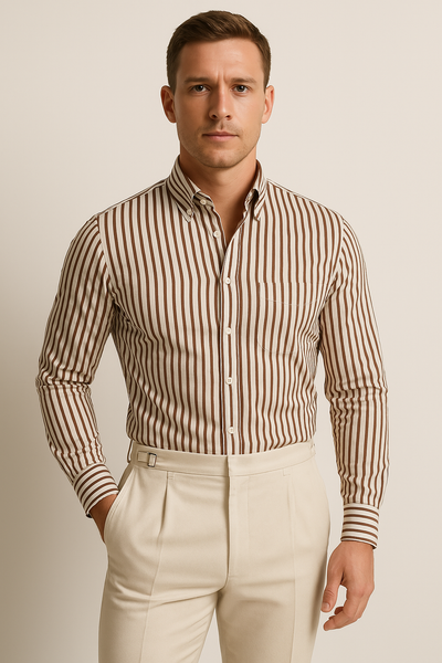 Men’s Long Sleeve Shirt – Tailored Fit – Cotton Blend – Button Down – Striped Formal