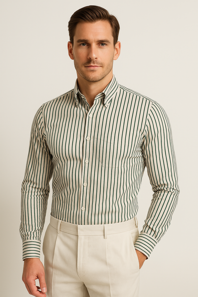 Men’s Long Sleeve Shirt – Tailored Fit – Cotton Blend – Button Down – Striped Formal