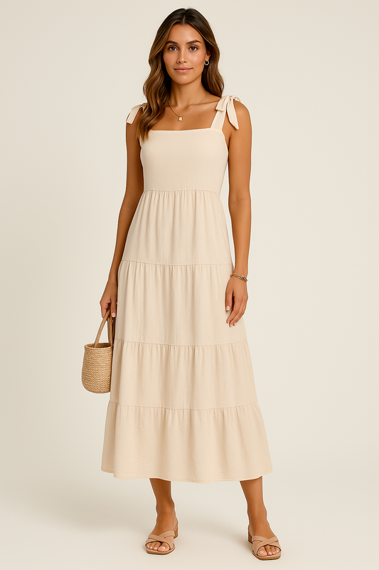 Women’s Maxi Dress – Cotton Blend – Sleeveless Tiered – Relaxed Fit with Tie Straps