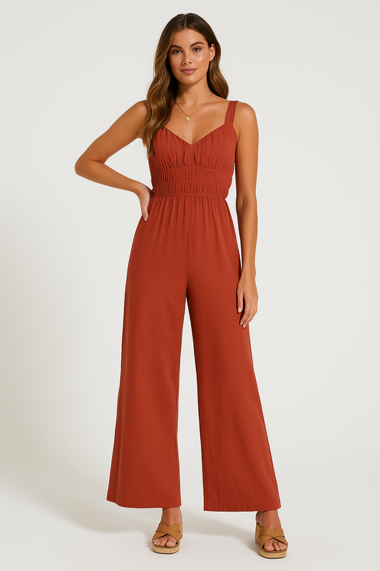 Women’s Jumpsuit – Cotton Linen – Wide Leg – Sleeveless – Elastic Waist – V-Neck