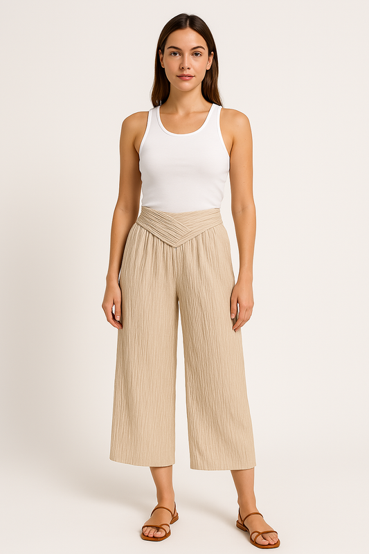 Women’s Wide-Leg Pants – High Waist – Cropped Length – Crinkled Lightweight Fabric