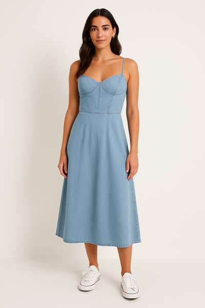Women’s Midi Dress – Slim Fit – Denim Look – Sweetheart Neckline – Spaghetti Straps