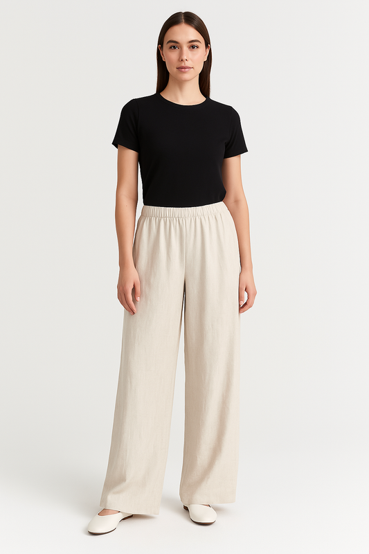 Women’s Wide-Leg Pants – Relaxed Fit – Linen-Look Fabric – Elastic Waist – Full Length