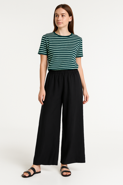 Women’s Wide-Leg Pants – Relaxed Fit – Linen-Look Fabric – Elastic Waist – Full Length