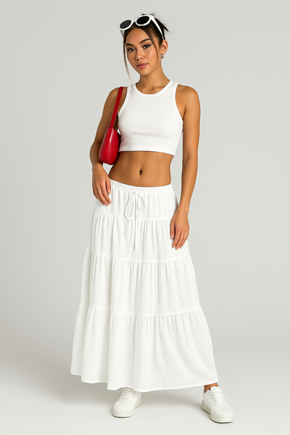 Women’s Long Skirt – Cotton Blend – A-Line Fit – Tiered Layers – Drawstring Waist
