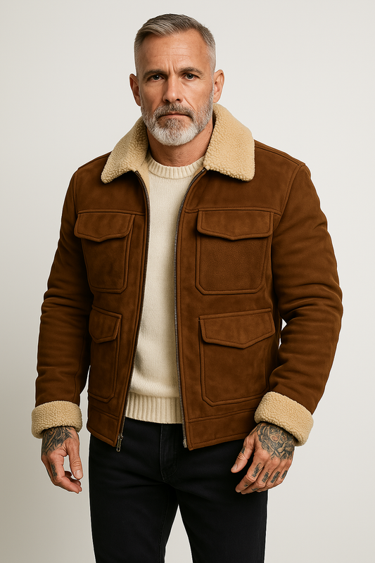 Men’s Shearling Jacket – Suede-Like Outer – Structured Fit – Zip Front – Flap Pockets