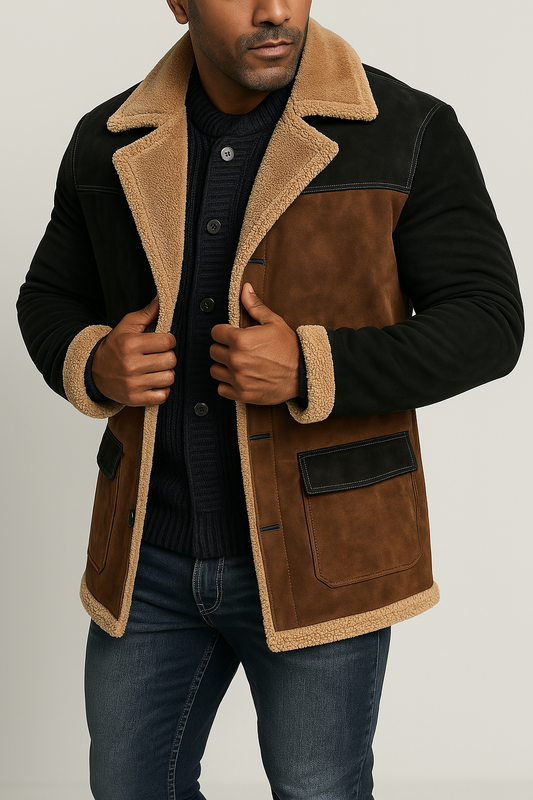 Men’s Casual Jacket – Faux Suede – Shearling Trim – Structured Fit – Button Front