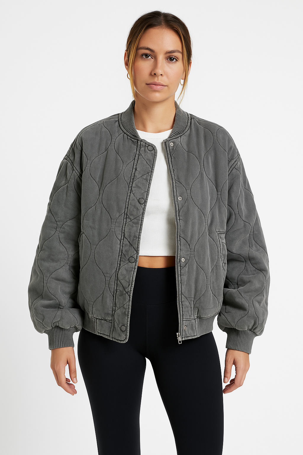 Women’s Bomber Jacket – Quilted Cotton – Oversized Fit – Zipped Hip Length Casual Wear