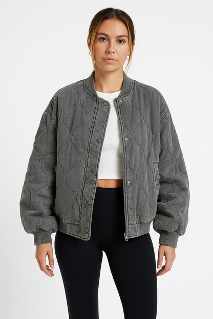 Women’s Bomber Jacket – Quilted Cotton – Oversized Fit – Zipped Hip Length Casual Wear