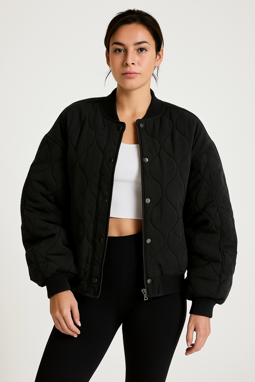 Women’s Bomber Jacket – Quilted Cotton – Oversized Fit – Zipped Hip Length Casual Wear