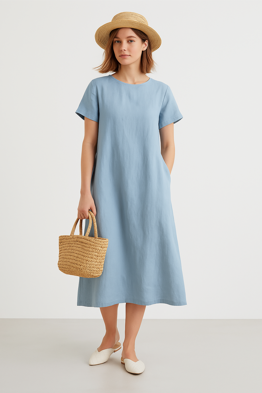 Women’s Midi Dress – Loose Fit – Lightweight Breathable Fabric – Short Sleeve Casual Style