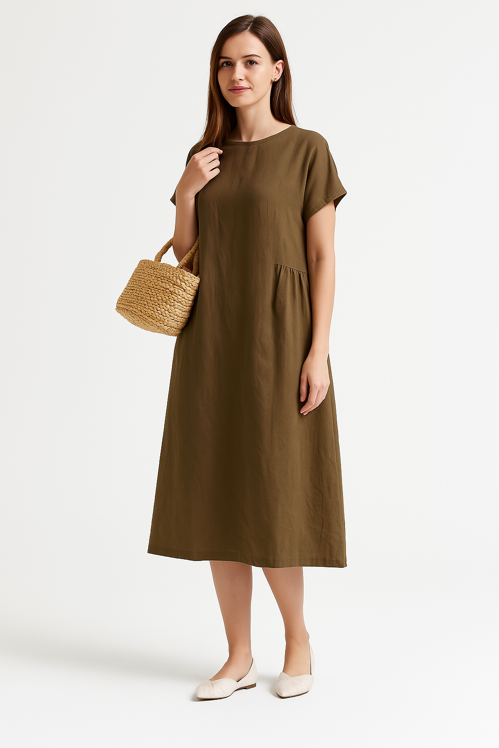 Women’s Midi Dress – Loose Fit – Lightweight Breathable Fabric – Short Sleeve Casual Style