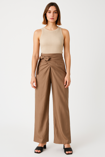 Women’s Wide-Leg Trousers – High Waist – Tie Belt – Lightweight Cotton – Full Length