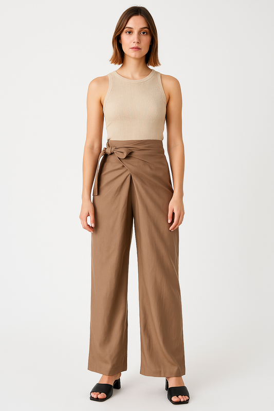 Women’s Wide-Leg Trousers – High Waist – Tie Belt – Lightweight Cotton – Full Length