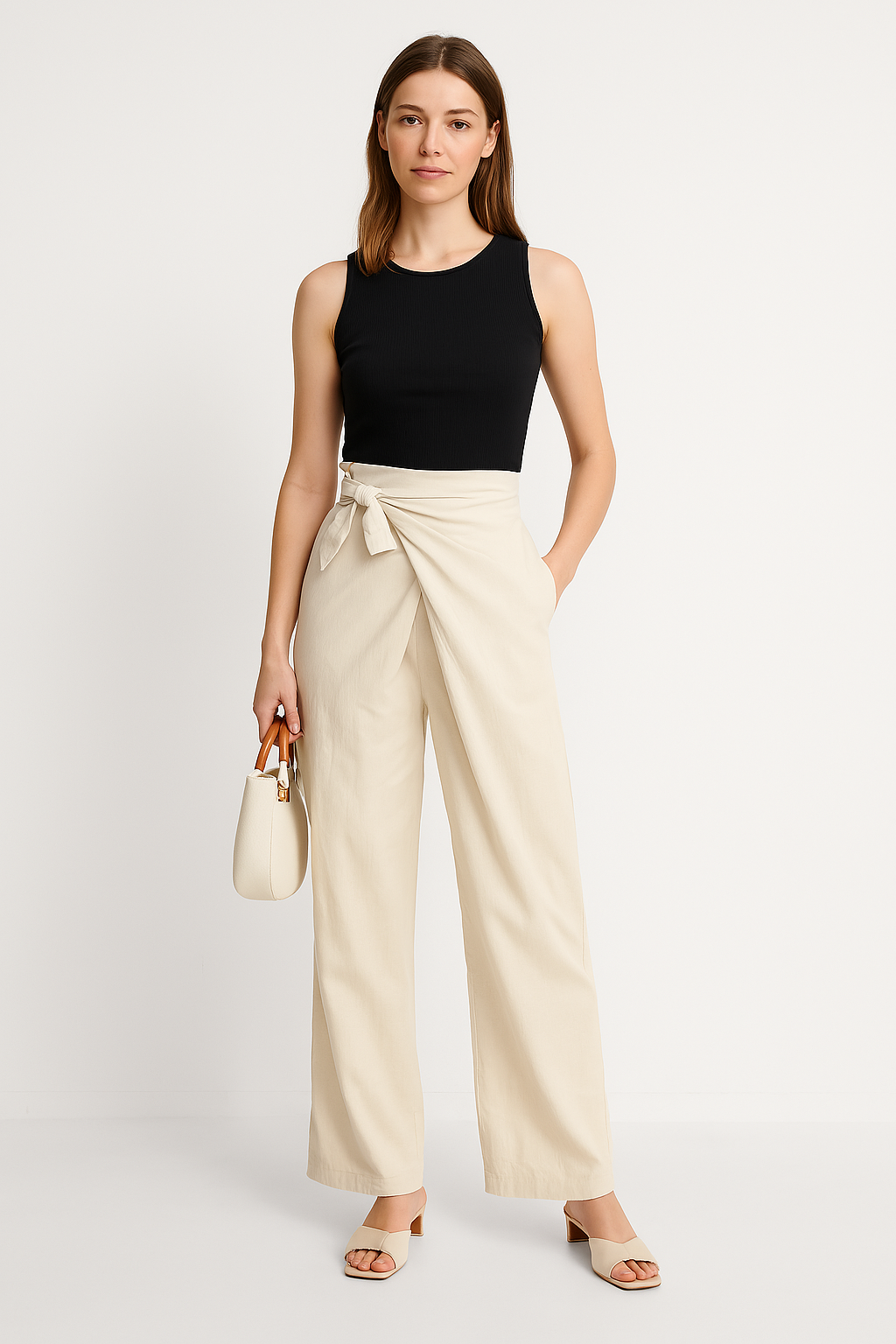 Women’s Wide-Leg Trousers – High Waist – Tie Belt – Lightweight Cotton – Full Length