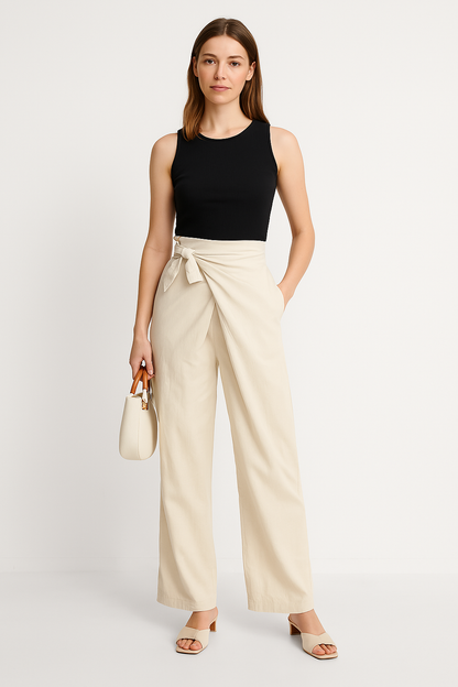 Women’s Wide-Leg Trousers – High Waist – Tie Belt – Lightweight Cotton – Full Length