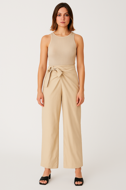 Women’s Wide-Leg Trousers – High Waist – Tie Belt – Lightweight Cotton – Full Length