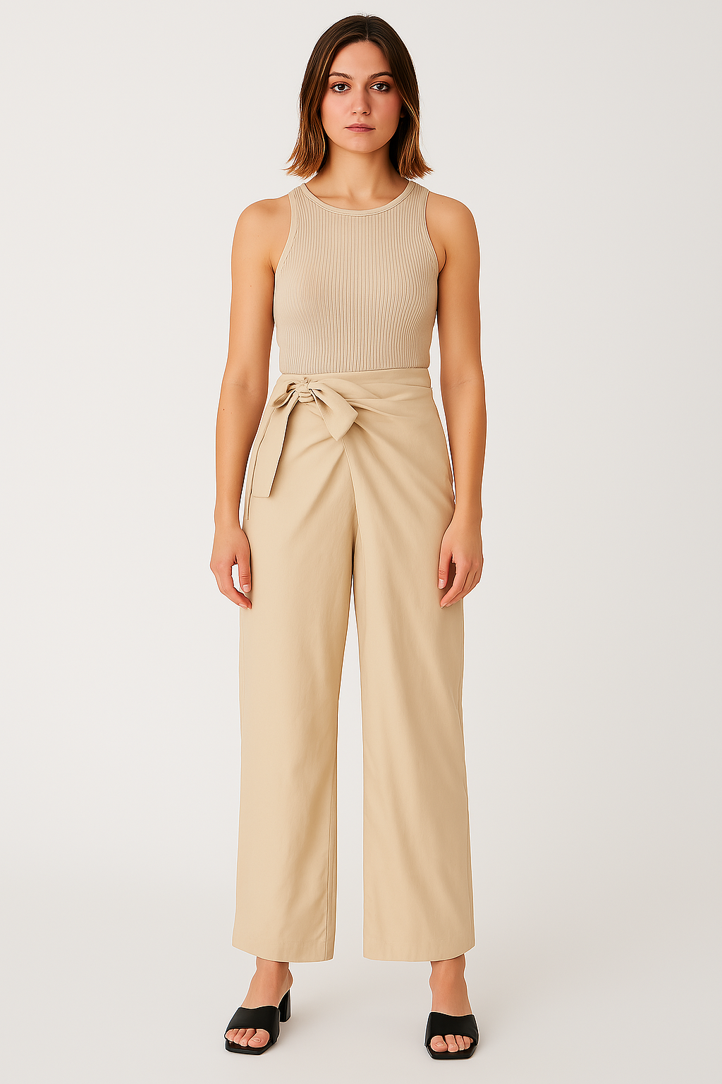Women’s Wide-Leg Trousers – High Waist – Tie Belt – Lightweight Cotton – Full Length
