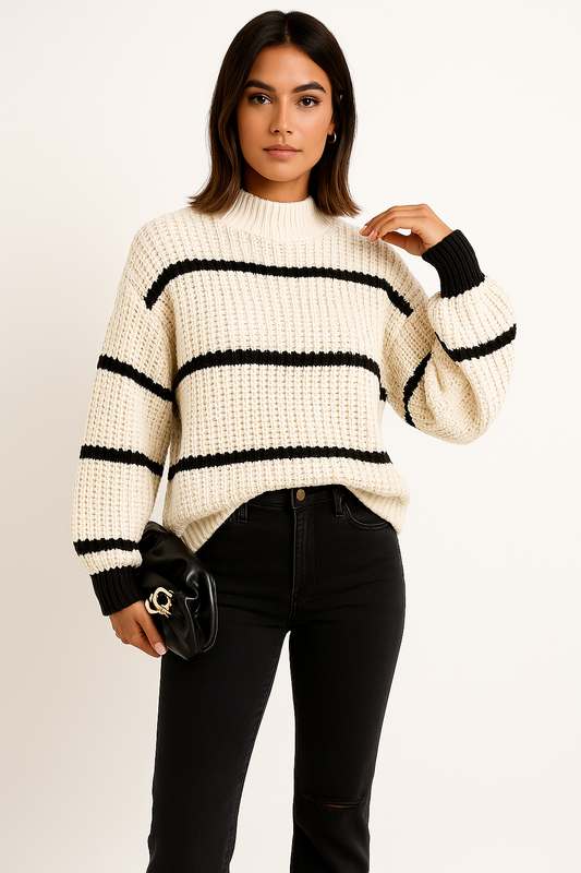 Women’s Knit Sweater – Relaxed Fit – Crew Neck – Textured Stripes – Long Sleeve