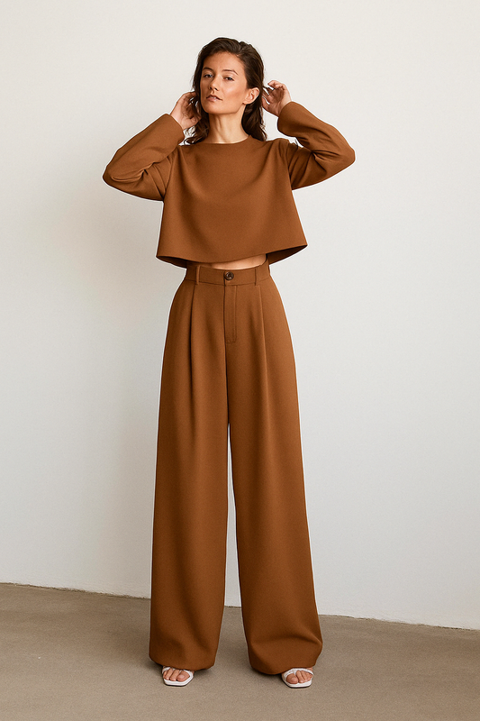 Women’s Palazzo Set – Wide-Leg Pleated Trousers – Cropped Long Sleeve Top – Tailored Fit