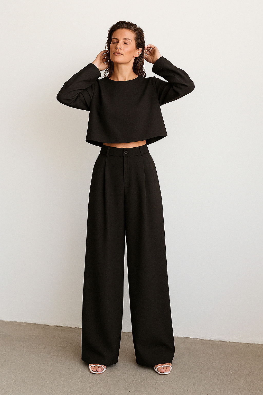 Women’s Palazzo Set – Wide-Leg Pleated Trousers – Cropped Long Sleeve Top – Tailored Fit