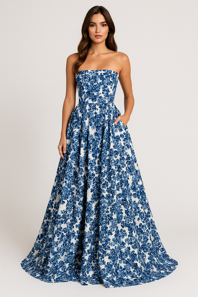 Women’s Maxi Dress – Strapless Fitted Bodice – Flared Silhouette – Formal Floral Elegance