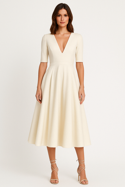 Women’s Midi Dress – Satin Finish – Fitted Bodice – A-Line Skirt – V-Neck – Elbow Sleeve