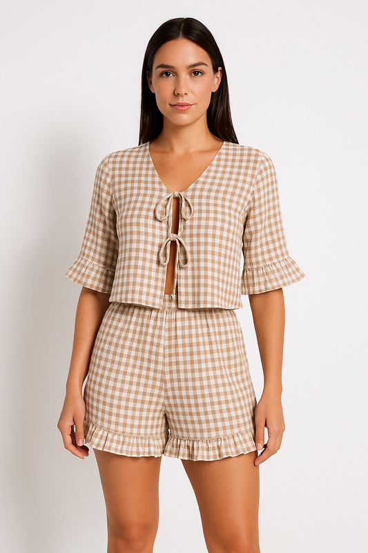 Women’s Pajama Set – Cotton Blend – Loose Fit – Check Print – Tie Front & Ruffle Trim