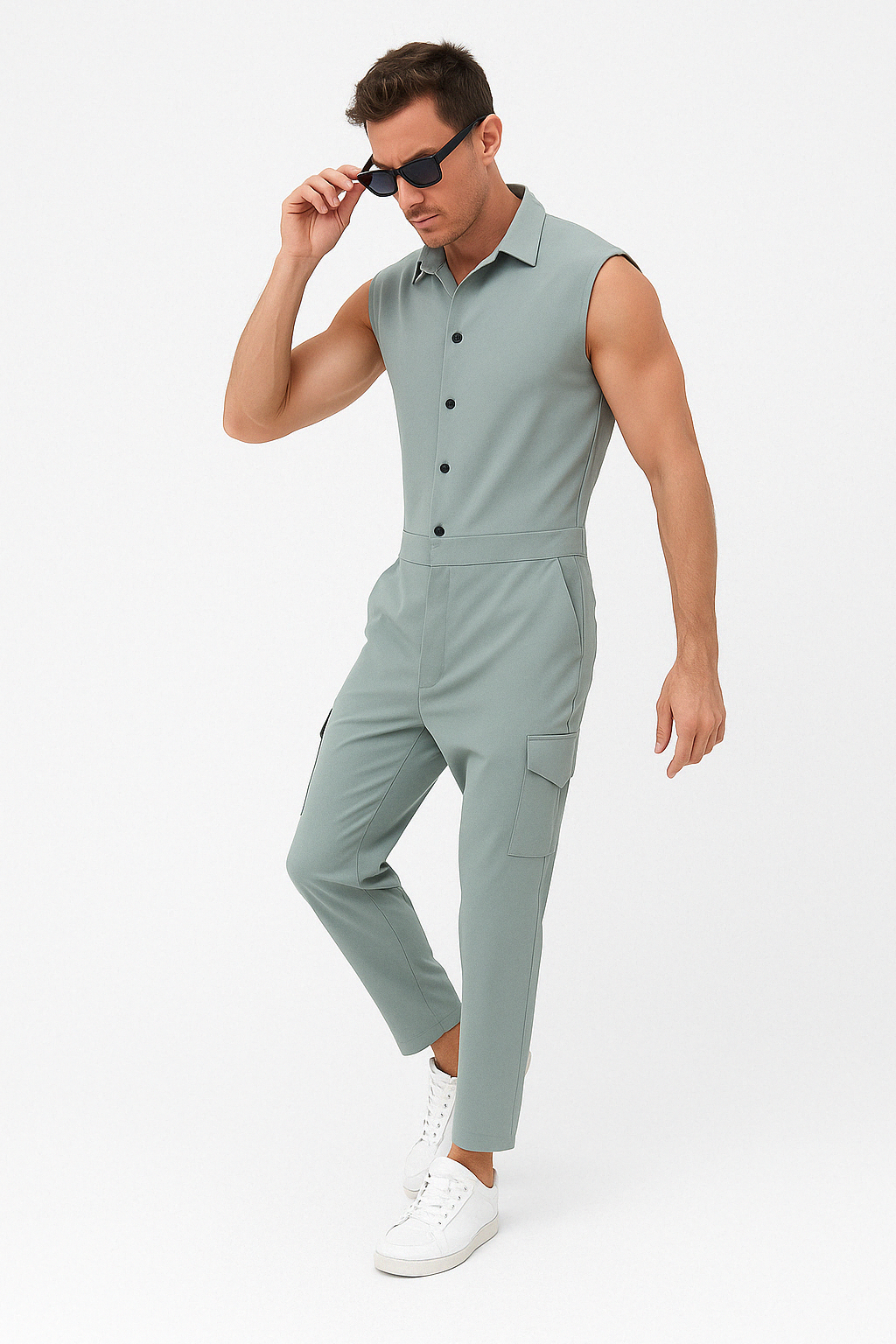 Men’s Jumpsuit – Slim Fit – Sleeveless Button-Up – Shirt Collar – Cargo Pockets