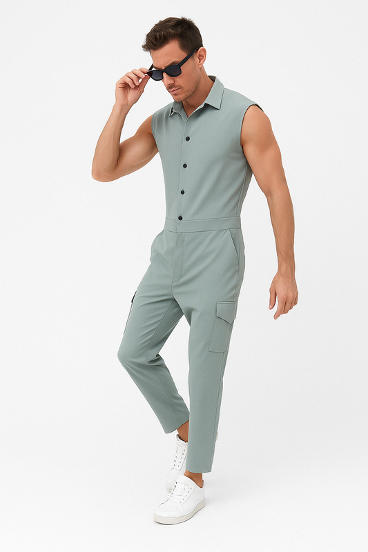 Men’s Jumpsuit – Slim Fit – Sleeveless Button-Up – Shirt Collar – Cargo Pockets