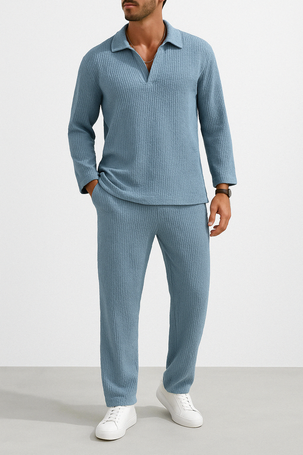 Men’s Lounge Set – Relaxed Fit – Long Sleeve Shirt & Full-Length Pants – Soft Knit
