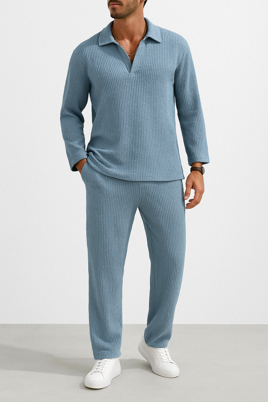 Men’s Lounge Set – Relaxed Fit – Long Sleeve Shirt & Full-Length Pants – Soft Knit