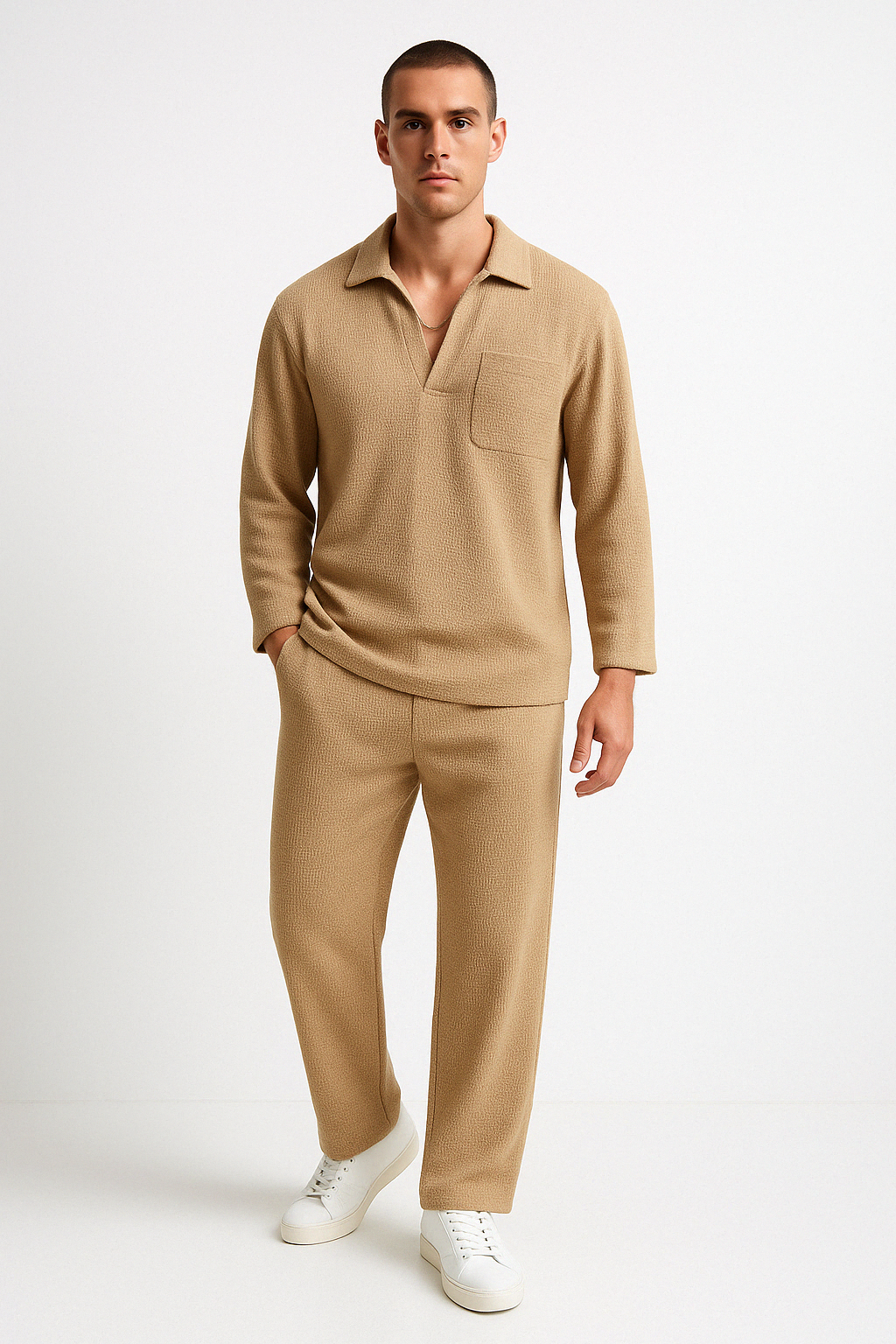 Men’s Lounge Set – Relaxed Fit – Long Sleeve Shirt & Full-Length Pants – Soft Knit