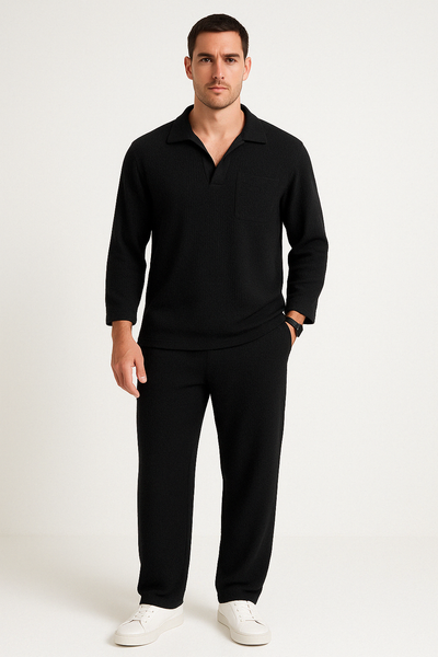 Men’s Lounge Set – Relaxed Fit – Long Sleeve Shirt & Full-Length Pants – Soft Knit