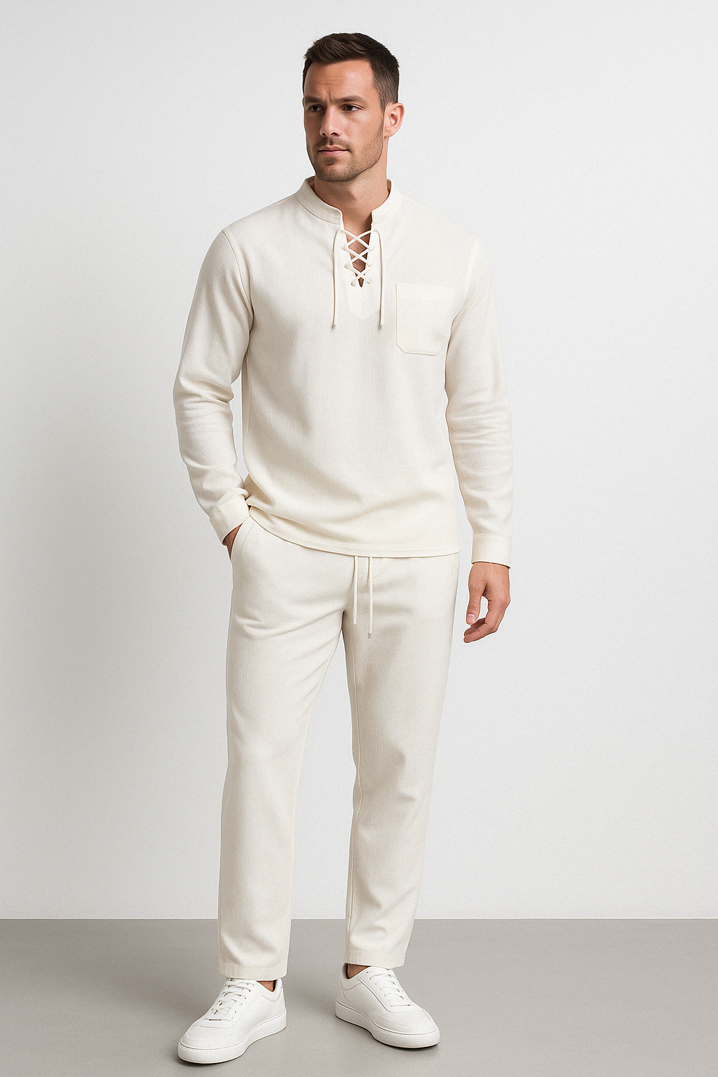 Men’s Henley Shirt – Cotton Linen Blend – Lace-Up Chest – Relaxed Fit – Band Collar