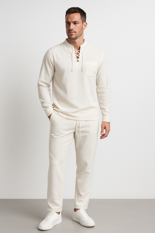 Men’s Henley Shirt – Cotton Linen Blend – Lace-Up Chest – Relaxed Fit – Band Collar