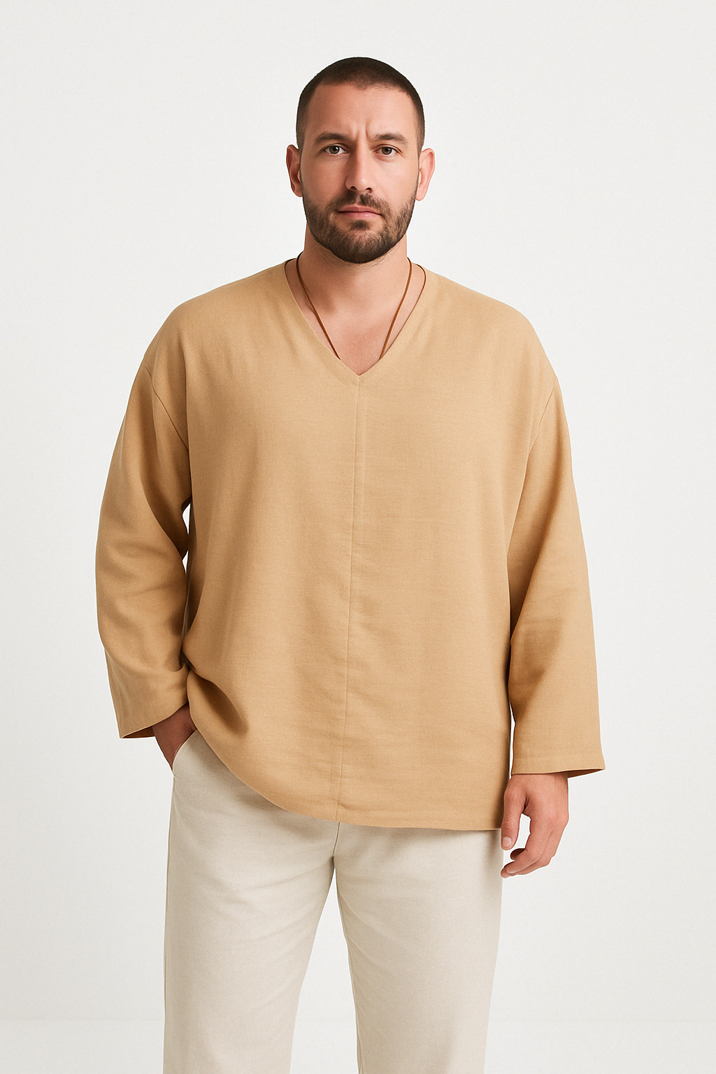 Men’s Linen Shirt – Relaxed Fit – V-Neck – Long Sleeve – Breathable Casual Wear