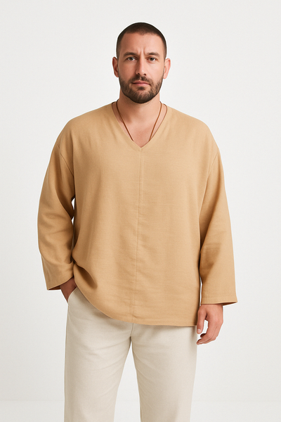 Men’s Linen Shirt – Relaxed Fit – V-Neck – Long Sleeve – Breathable Casual Wear