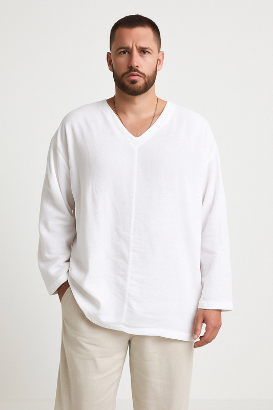 Men’s Linen Shirt – Relaxed Fit – V-Neck – Long Sleeve – Breathable Casual Wear