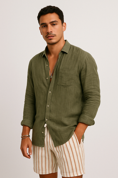 Men’s Long Sleeve Shirt – Cotton Linen Blend – Relaxed Fit – Button-Up Casual Wear