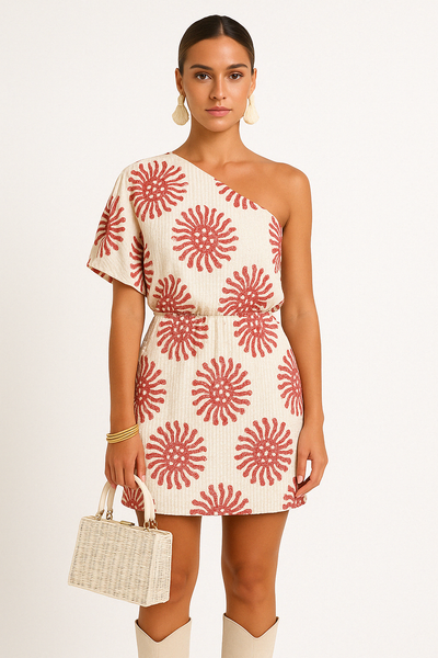 Women’s Mini Dress – One Shoulder – Relaxed Fit – Cotton Blend – Bold Print