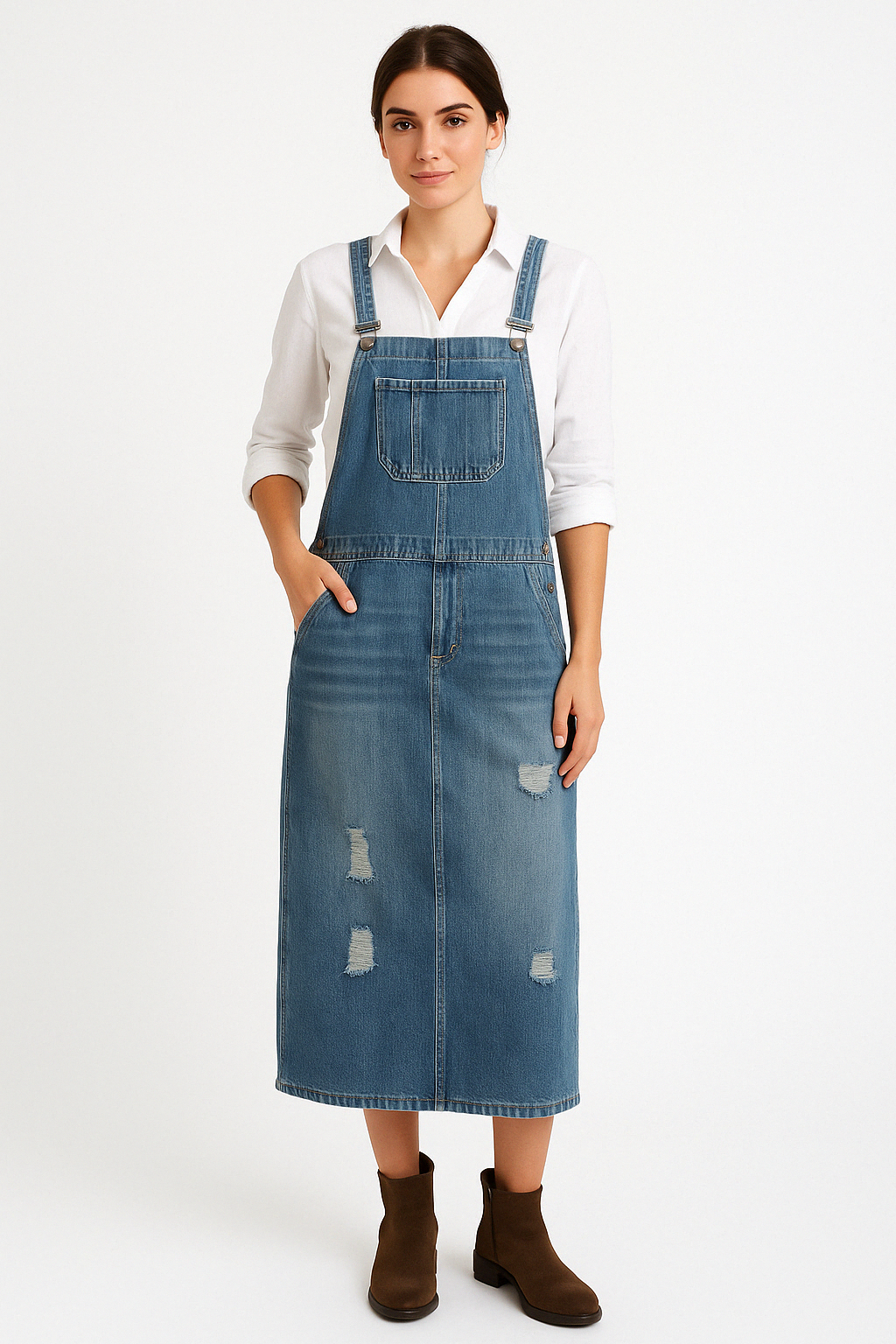Women’s Denim Midi Dress – Relaxed Fit – Adjustable Straps – Distressed Finish