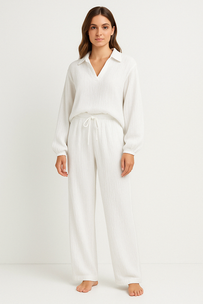Women’s Lounge Set – Relaxed Fit – V-Neck Top with Collar – Drawstring Straight-Leg Pants