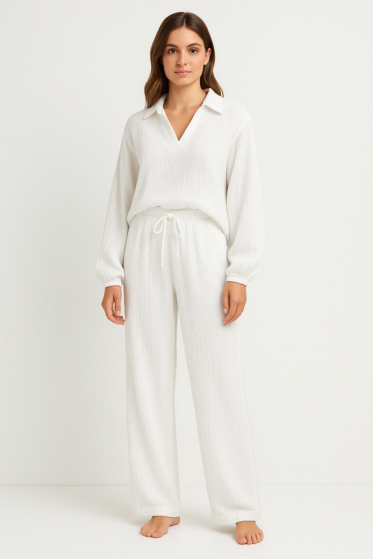 Women’s Lounge Set – Relaxed Fit – V-Neck Top with Collar – Drawstring Straight-Leg Pants