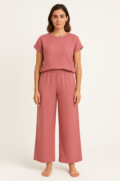 Women’s Two-Piece Set – Relaxed Fit – Soft Knit – Crew Neck Top – Wide-Leg Trousers